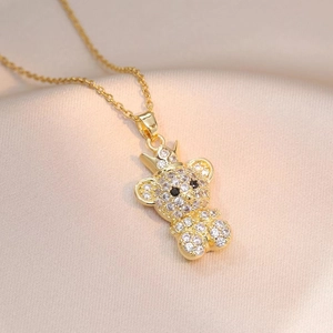 Charming gold crown bear pendant necklace with sparkling micro-paved cubic zirconia