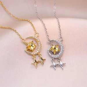 Collier Pendentif Étoile Lune Acier Inoxydable Zircone Incrusté Bijoux De Mode Élégants Pour Femmes