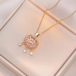 Elegant gold-plated Ruyi lock necklace with pink crystal and white zircon charms