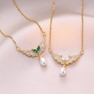 Collana Con Ciondolo Ala D'angelo Acciaio Inossidabile Zircone Perla Artificial Sintetica A Goccia Elegante Catena Da Clavicola