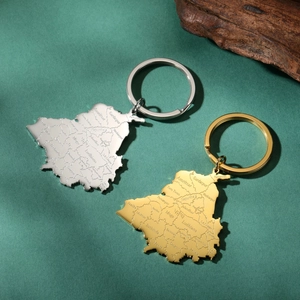 Polished stainless steel Punjab map keychains in gold and silver with laser engraving