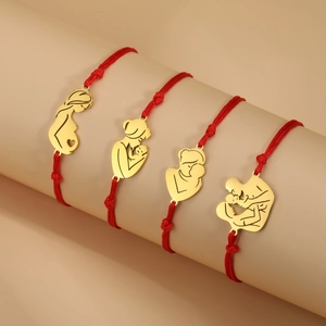 Family love themed gold charm red rope bracelets set featuring mother and child designs