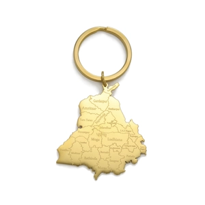 Golden Punjab map keychain in stainless steel with detailed laser engraved regions