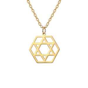 Elegante collana dorata con pendente esagonale traforato e stella di David per donna