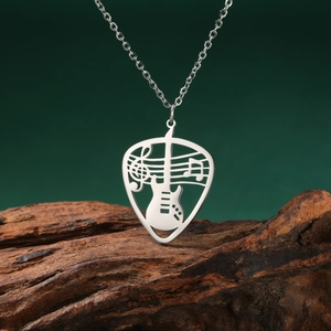 Stainless steel guitar pick pendant necklace with hollow music notes and treble clef