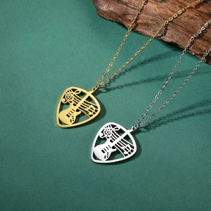 Guitar pick pendant necklaces with musical notes in gold and silver stainless steel
