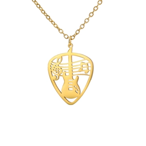Golden guitar pick necklace with music notes and hollow silhouette for women
