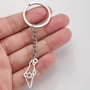 Stainless steel keychain featuring an Israel map cutout and Star of David pendant