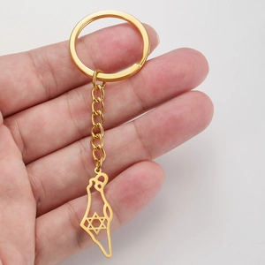 Gold stainless steel Israel map keychain with cutout Star of David held in hand