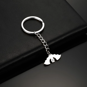 Polished stainless steel upside-down bat pendant keychain with link chain for car keys