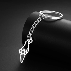 Polished stainless steel Israel map keychain with cut-out Star of David on black display