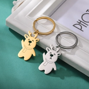 Cute Snowman Reindeer Stainless Steel Keychain Gold Silver Plated Bowknot Antlers Pendant Key Ring For Christmas Gift Jewelry