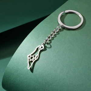 Detailed close-up of a silver stainless steel Israel map keychain with David star cutout