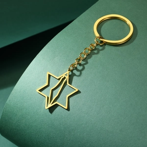Golden stainless steel Hexagram keychain with Israel map pendant on a dark green background