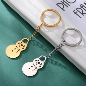 Detailed close-up of snowman silhouettes in gold and silver stainless steel finishes