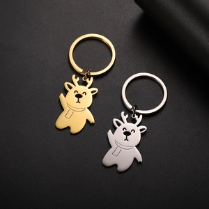 Detailed close-up of cartoon elk keychains in gold and silver finish with smooth metal texture
