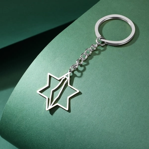 Silver stainless steel keychain featuring Hexagram Star of David and Israel map pendant