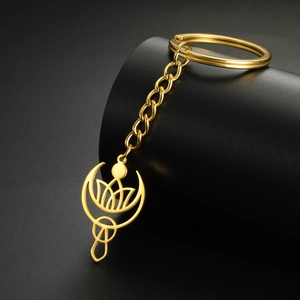 Porte-clés lotus doré avec pendentif croissant de lune de style bohème vintage