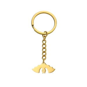 Polished gold stainless steel keychain featuring a sleek hanging bat pendant with chain