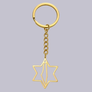 Detail of a gold stainless steel keychain with a hexagram mountain map outline pendant
