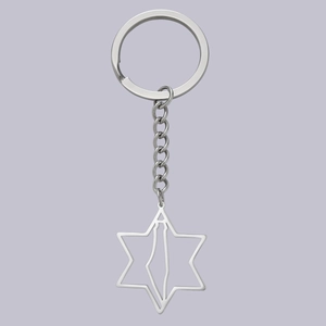 Polished stainless steel keychain with Star of David and Israel map cutout charm