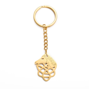 Polished gold horse head keychain with intricate Celtic knot design in stainless steel