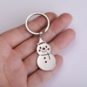 Detailed close-up of a silver snowman keychain with hollow-out design held in hand