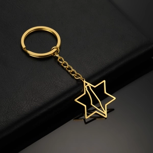 Macro view of golden stainless steel star keychain with a map cutout on black leather