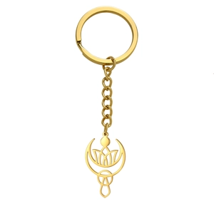 Porte-clés lotus doré en acier inoxydable avec pendentif croissant de lune et yoga