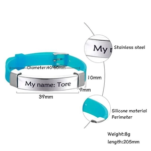 Detailed view of adjustable silicone bracelet with stainless steel ID tag and sizing specs