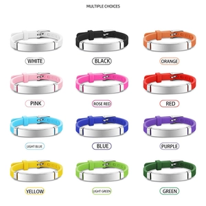 Grid view of adjustable silicone ID bracelets with stainless steel tags in twelve colors