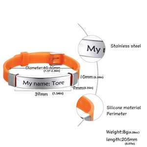 Detailed size specifications of the adjustable silicone and stainless steel ID bracelet