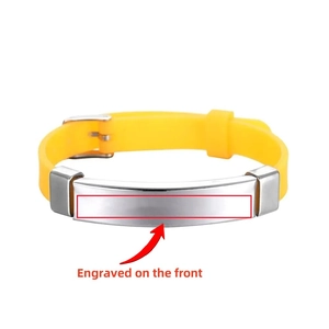 Adjustable yellow silicone ID bracelet for children with customizable steel plate