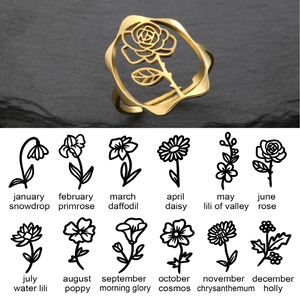 Bague ouverte en acier inoxydable doré 18k avec fleur de naissance rose évidée
