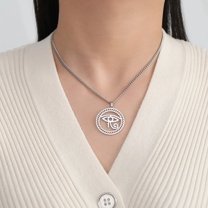 Polished stainless steel Eye of Horus pendant necklace on a classic link chain for women