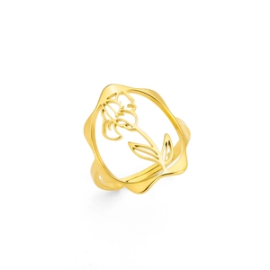 Bague ajustable en acier inoxydable plaqué or 18k avec motif fleur ajouré