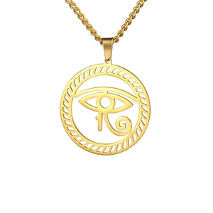 Gold Eye of Horus pendant necklace in vintage punk style with polished stainless steel chain