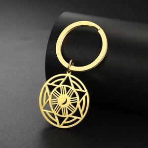 Minimalist gold stainless steel keychain with hexagonal star and moon pendant design