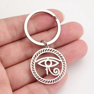 Stainless steel Eye of Horus keychain with engraved protective amulet symbol in silver
