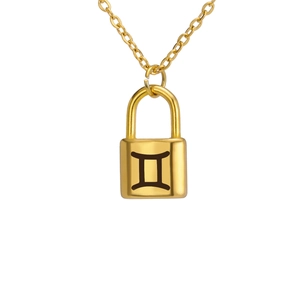 Collar de acero inoxidable dorado con colgante de candado y signo zodiacal de Géminis