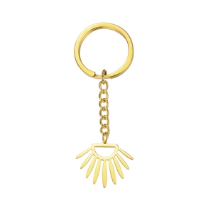 Golden stainless steel keychain with fan-shaped sunray pendant and link chain on white backdrop