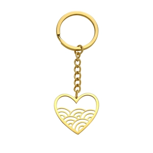 Polished gold heart keychain with hollow wave pattern design on a clean white background