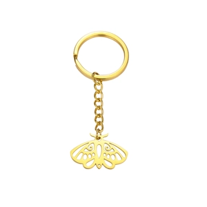 Porte-clés doré en acier inoxydable avec pendentif papillon de nuit ajouré