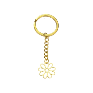 Gold hollow daisy pendant keychain with stainless steel chain and flat key ring for car
