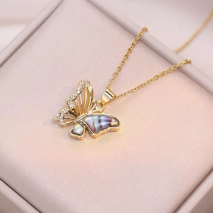 Golden titanium steel necklace with butterfly pendant in iridescent shell and zircon