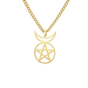 Collar de acero de titanio con colgante de pentagrama calado y media luna dorada