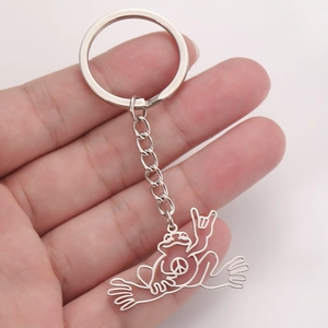 Silver stainless steel peace frog keychain with hollow animal pendant on a chain