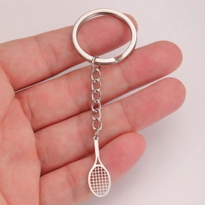 Polished silver stainless steel tennis racket keychain pendant for sport lovers