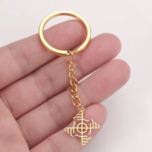Detailed view of hand-held gold Viking compass keychain with hollow windmill design