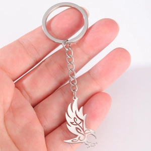 Polished stainless steel keychain with hollow raven crow pattern pendant for car keys